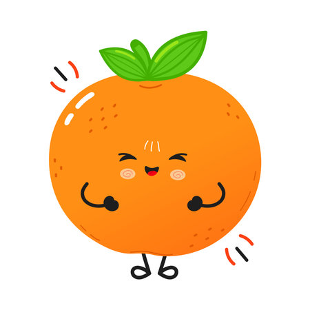 Orange fruit character showing a fun and playful expression with a big smile, blush, and waving hands, embodying joy and cheerfulness for food, health, or children's contentのイラスト素材
