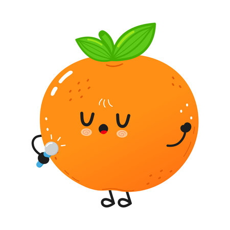 Adorable cartoon orange character with green leaves on its head standing and performing a song, holding a small microphone and expressing joyful emotions on a clean white backgroundのイラスト素材