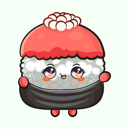 Cute smiling sushi mascot with bright roe topping and big eyes, cheerful kawaii character perfect for food, kids, celebration, restaurant, menu, or playful illustrationのイラスト素材