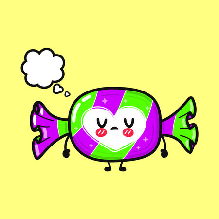 Cute candy character pondering with a blank thought bubble, illustrating concepts of thinking, childhood, dreams, and sweet ideas in a charming graphic style against a yellow backgroundのイラスト素材