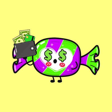 Colorful candy character loving money and showing a full wallet with dollar bills and a credit card, depicting concepts of wealth, financial success, and sweet rewardsのイラスト素材