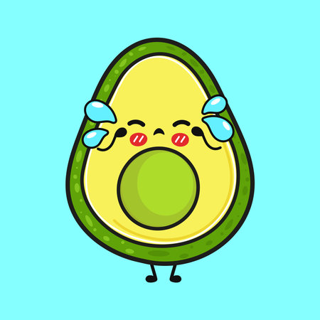 Animated avocado character crying with tears on its cheeks, embodying emotions of sadness and stress, drawn in a adorable cartoon style on a vibrant blue backgroundのイラスト素材