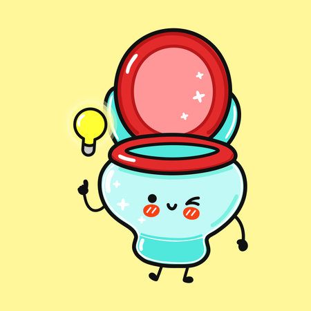 Adorable winking toilet character pointing at a glowing lightbulb, representing a creative idea, genius, inspiration, and problem solving in a fun, kawaii style on a yellow backgroundのイラスト素材