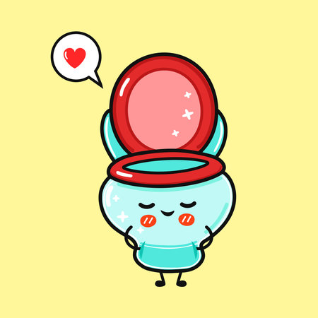 Cute toilet character with a friendly face and blushing cheeks, showing hearts in a speech bubble, symbolizing hygiene, bathroom care, and a clean environmentのイラスト素材