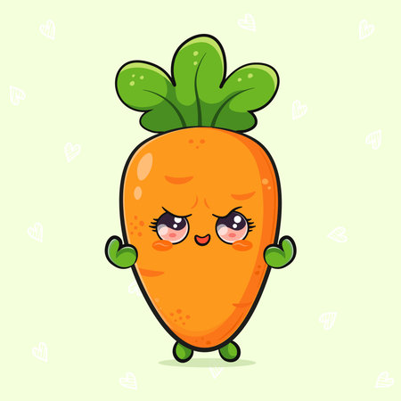 Kawaii carrot character with big pleading anime eyes, blushing cheeks and a sad, upset expression, cute vegetable mascot illustration for stickers, icons, web and print useのイラスト素材