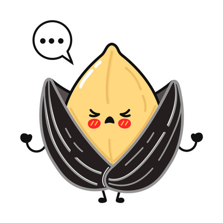 Cute sunflower seed character expressing unhappiness with rosy cheeks and a thinking bubble above, showing a negative emotion and frustration while standing on a white backgroundのイラスト素材