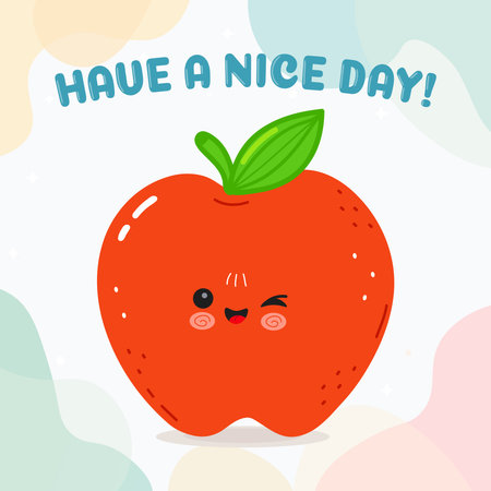 Cute red apple character with a green leaf winking and smiling, delivering a cheerful Have a nice day. message on a light background, symbolizing happiness and well beingのイラスト素材