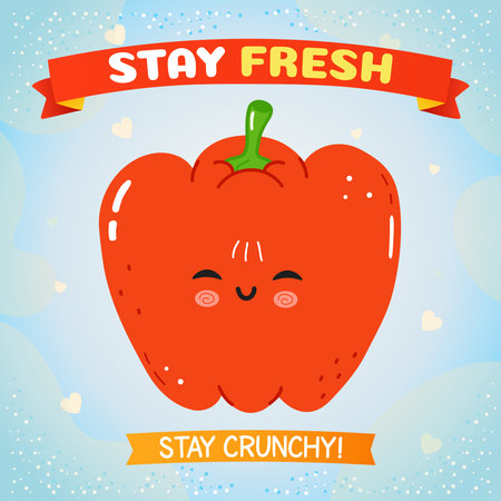 Red pepper kawaii character with a happy face expressing a positive message about staying fresh and crunchy, illustrated with a cute design and soft pastel colorsのイラスト素材