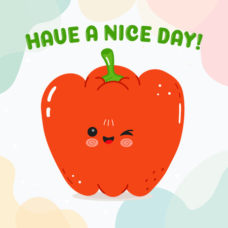 Cute red bell pepper cartoon character winking and smiling, delivering a cheerful greeting of Have a nice day on a soft, abstract pastel background, symbolizing happiness and positive well beingのイラスト素材
