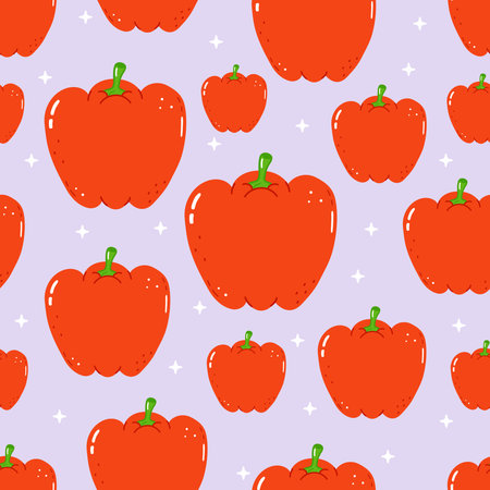 Cute cartoon red bell peppers repeating in a seamless pattern on a light purple background with white stars, creating a whimsical and fresh food design ideal for health, diet, and organic conceptsのイラスト素材