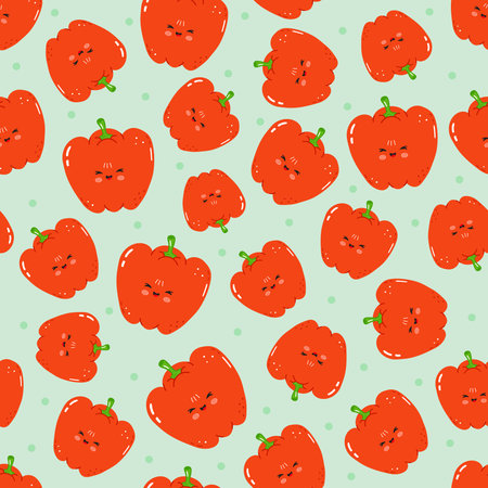 Red bell pepper cartoon characters with happy smiling faces creating a cute and friendly seamless pattern on a light green background with subtle polka dotsのイラスト素材