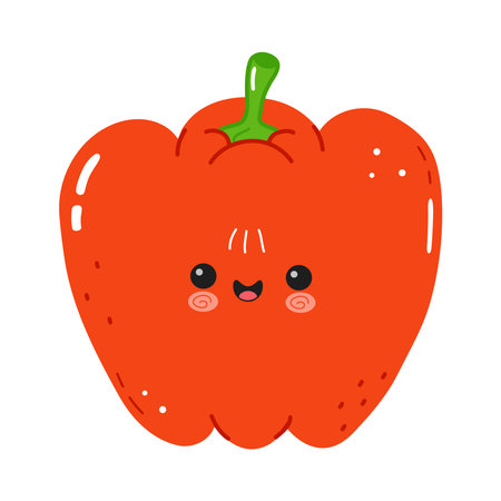 Red bell pepper character isolated on white background, showing a friendly smiling facial expression, ideal for promoting healthy eating, organic food, and happy children's nutrition conceptsのイラスト素材