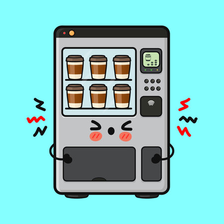 Cute coffee vending machine character shaking in frustration, overflowing with takeaway cups and...
