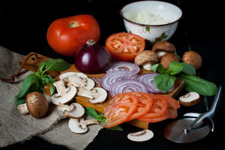 Cooking ingredients for pizza toppingの写真素材