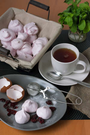 Mint tea set with violet kissesの写真素材