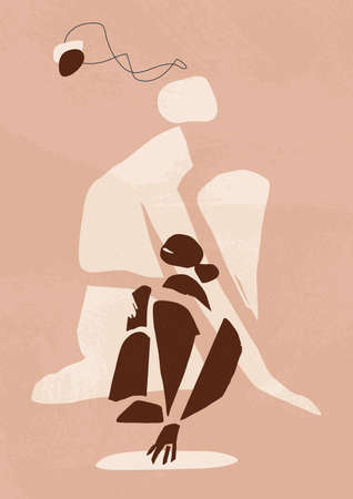 Young woman sitting with statue in background. Modern contemporary hand drawn artwork in boho and cut out style. For print, poster wall, fashion industry and art product.の写真素材