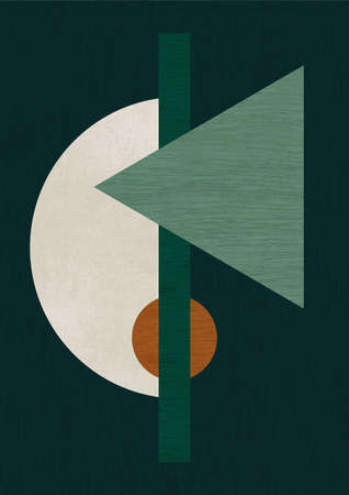 Abstract layout of triangle and circle shapes with wood and stone texture in dark green background. Modern scandinavian style artwork for print, poster, card and art product.の写真素材