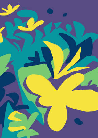 Cut-out paper painting with flat design and flower. Trendy shapes and design with matisse inspiration. Exotic color with nature and leaf.の写真素材