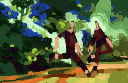 Two person course in an enchanted, magical and fairy forest. painted in an impressionist and pointillism style. semi abstract with people and a landscapeの写真素材