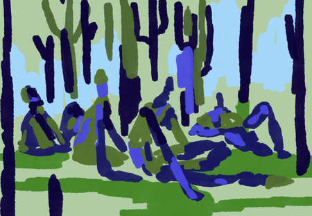 Abstract and impressionism and pointillism color with color touch. several people have a good time on the grass near a forestの写真素材