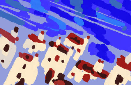 Deluge inundation village with adorable houses in the middle of the ocean colorful illustration, for children and booksの写真素材