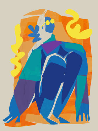 Blue woman seated with sunglasses, painting and collage in cutouts in the style of Henri Matisse. modern illustration for decoration, t-shirt and book printの写真素材