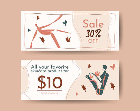 Social media horizontal banner, promo sale concept, earth tones with lettering. Modern design with people and flowers cut out and boho style. Vector backgrounds illustration.のイラスト素材
