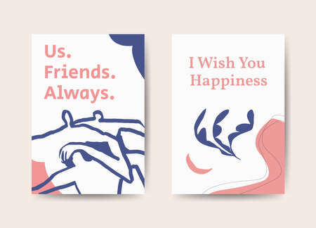 Greeting cards set template design, red and blue colors with lettering. Modern, trendy artwork with group of people in line art and plant in matisse and boho style. Vector backgrounds illustration.のイラスト素材