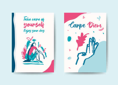 2 greeting cards set template design, pastel colors with lettering. Modern, trendy abstract art concept with sitting people and hand in landscape and in boho style. Vector backgrounds illustration.のイラスト素材