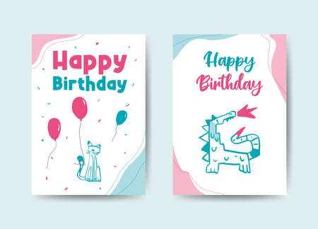 2 happy birthday cards template design, pastel colors with lettering in boho style. Modern, trendy art concept with cat, balloons and dinosaur in line art. Vector backgrounds illustration.のイラスト素材