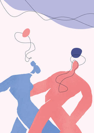 Two people dancing together. Hand drawn illustration in line art and boho style with pastel colors. For print, poster and art product.の写真素材
