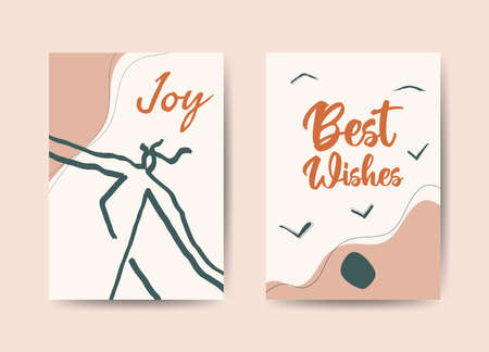Greeting cards set template design, earth tones with lettering. Modern, trendy abstract art concept with people dancing in line art and landscape art in boho style. Vector backgrounds illustration.のイラスト素材