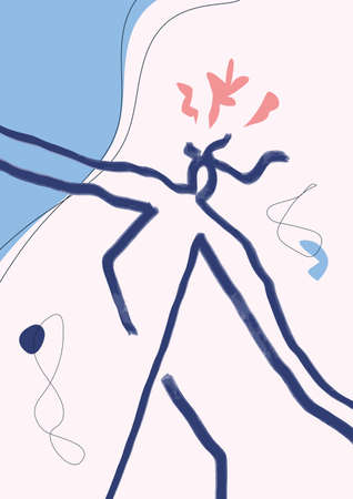 Minimal people walk figure draw in blue. Minimal abstract design art. Line art silhouette. Shapes and line with pastel colors in boho style. For print, poster wall and art product.の写真素材