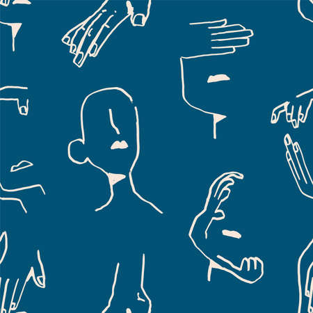 Vector line art portrait seamless pattern with faces and hands in blue background. For print, wallpaper, wrapping paper, textileのイラスト素材