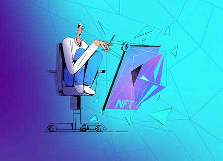 Digital Artist make nft. Futuristic concept art token collectible. Pay for illustrating concept of unique non fungible tokens collectible art. Decentralized cryptoart card on gradient background.の写真素材
