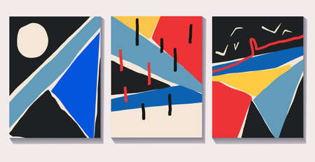 Vector set of Colorful abstract neoplasticism and cubism art style. Painting with primary color in Mondrian style . For print and wall art.のイラスト素材