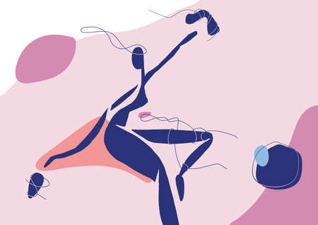 The Dancing Blue Woman. Minimal figure draw in blue. Minimal abstract design art. Shapes and line with pastel colors in boho and matisse style. For print, poster wall and art product.の写真素材