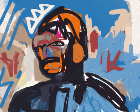 Street art and graffiti painting on mural, digital art. Post modern portrait of person with graffiti crown a la Basquiat. Illustration for print, poster, banner and art product.の写真素材