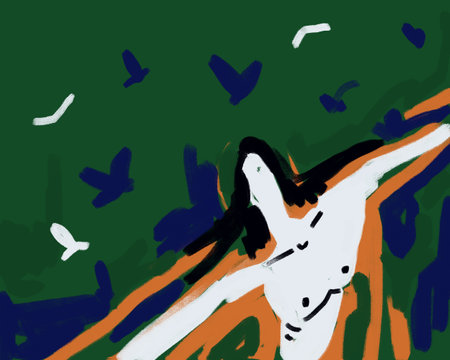 Human guy naked torso and big green field and flowers Neo expressionism Art style with late modernism art. for print and wall art decoration.の写真素材