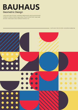 Modern Bauhaus poster design with lettering and pattern. Seamless Abstract vector Geometric in Neoplasticism and Mondrian style. Trendy retro graphic print and cover.のイラスト素材