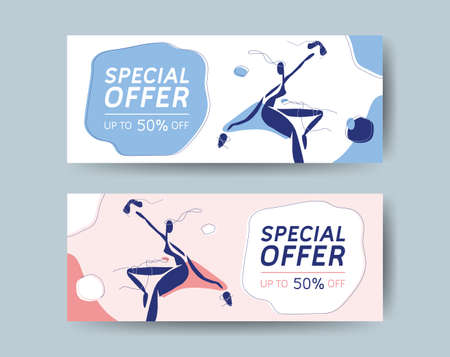 Special offer horizontal banner, promo sale concept, pastel colors. Modern design with woman in cut out, matisse style and boho style. Vector backgrounds illustration. For web banner, mobile app.のイラスト素材