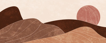 Landscape painting in earth tones and with rough texture. Modern, trendy abstract art concept in boho and scandinavian style. Background illustration for print, poster and art product.の写真素材