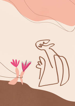 Abstract line art person sitting with flowers. Fashion design and modern contemporary hand drawn artwork in boho and cut out style. For print, poster wall, fashion industry and art product.の写真素材
