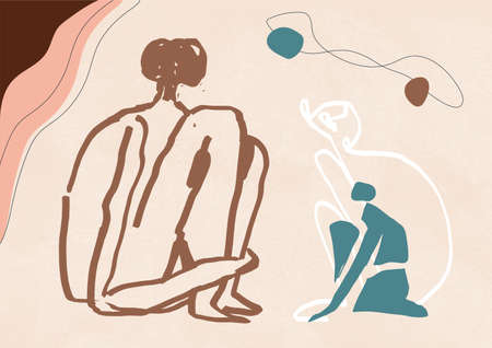 People sitting line art sketch. Modern contemporary artwork with body and figure hand drawn in boho style. For print, poster wall and art product.の写真素材