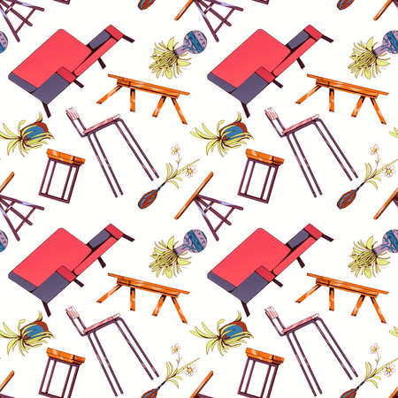 Pattern of cartoon furniture objects isolated on white. Trendy illustration for commercial, wrapping paper, wallpaper, print.の写真素材
