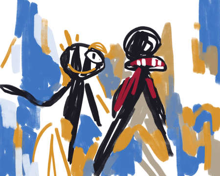 Little friend together. Abstract and post expressionism art. graffiti and Basquiat vibe. Abstract Concept Art painting for t-shirt, print, poster and art industry.の写真素材