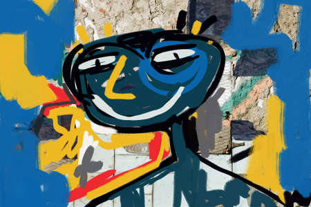 Funny Street art smug portrait with big smile and smirking face, sarcastic cartoon painting art and mixed media photo. art for print, poster, decoration and wall artの写真素材