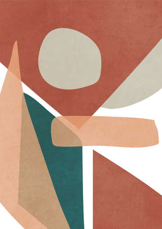 Modern mid century artwork with overlapping abstract shapes in earth colors. Trendy Scandinavian art for print, card, poster, background and art product.の写真素材