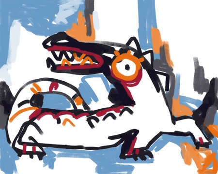 Cute Animal Dinosaur modern painting with Basquiat and post expressionism art vibe. Semi Abstract funny and cute art. For print and poster. Art for t-shirt, print, poster and art industry.の写真素材