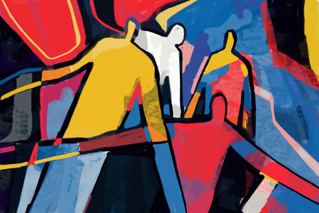 Colorful abstract people neoplasticism and cubism art style. Painting with primary color in Mondrian and keith haring style with abstract people. For print and wall art.の写真素材